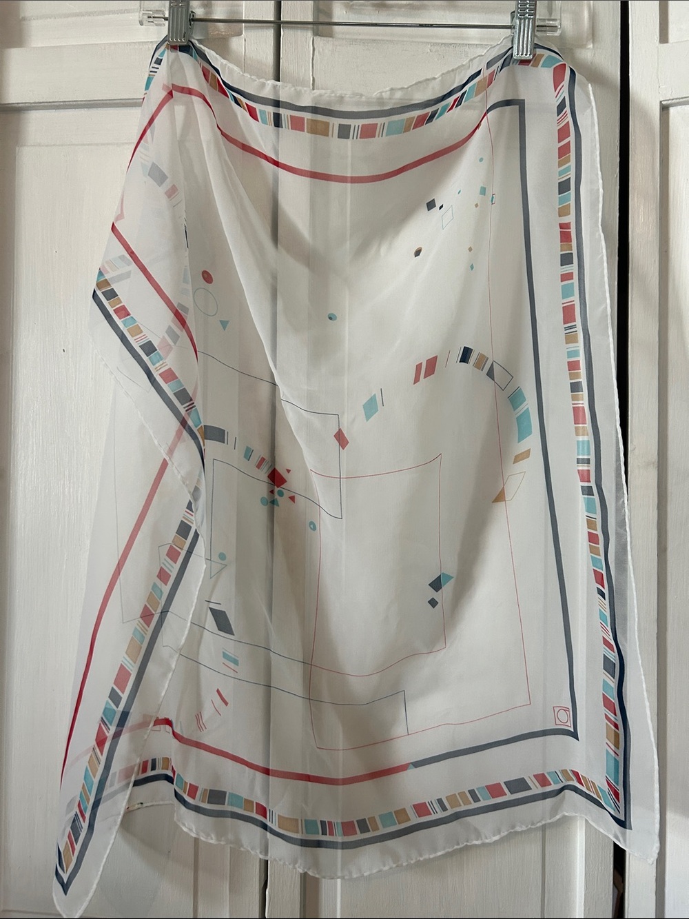 Vintage White Sheer Geometric Print Sheer Scarf - Square 26"x26"